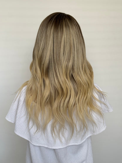 Alex 14" Wig Natural light blonde, Medium brown roots balyage beginner cap