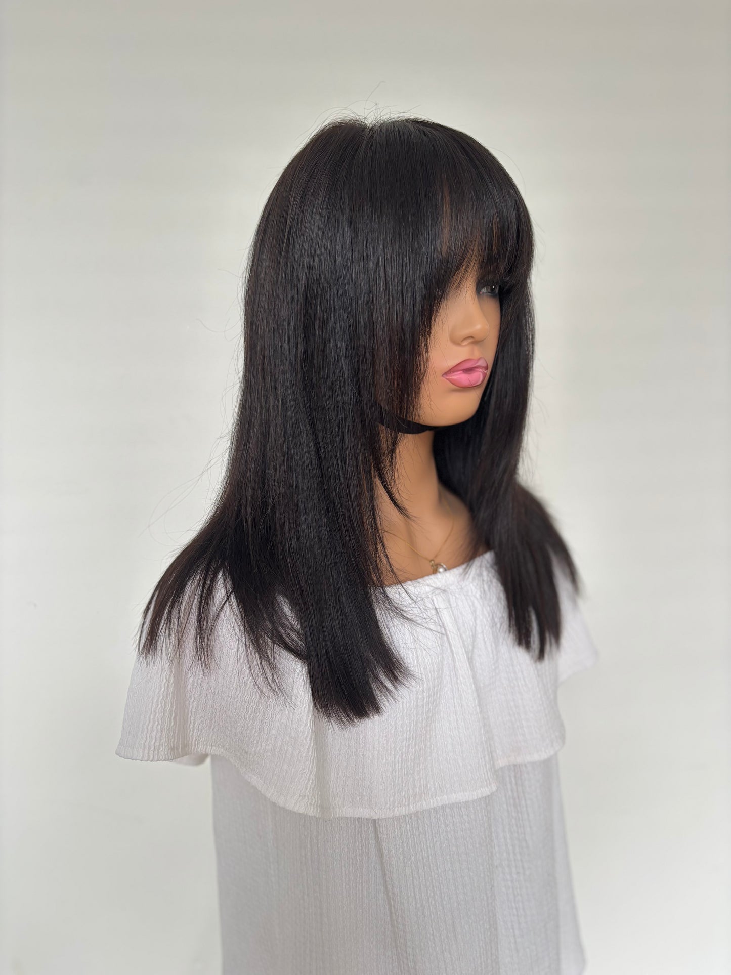 Ava 14” Wig Dark brown/black with bangs beginner cap