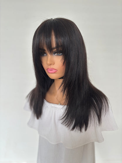 Ava 14” Wig Dark brown/black with bangs beginner cap