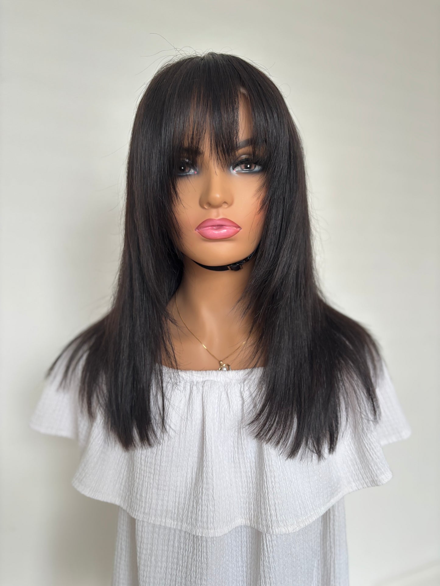 Ava 14” Wig Dark brown/black with bangs beginner cap