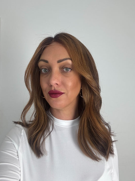 Harriet 14” Wig Medium brown & light brown  chunky highlights beginner cap