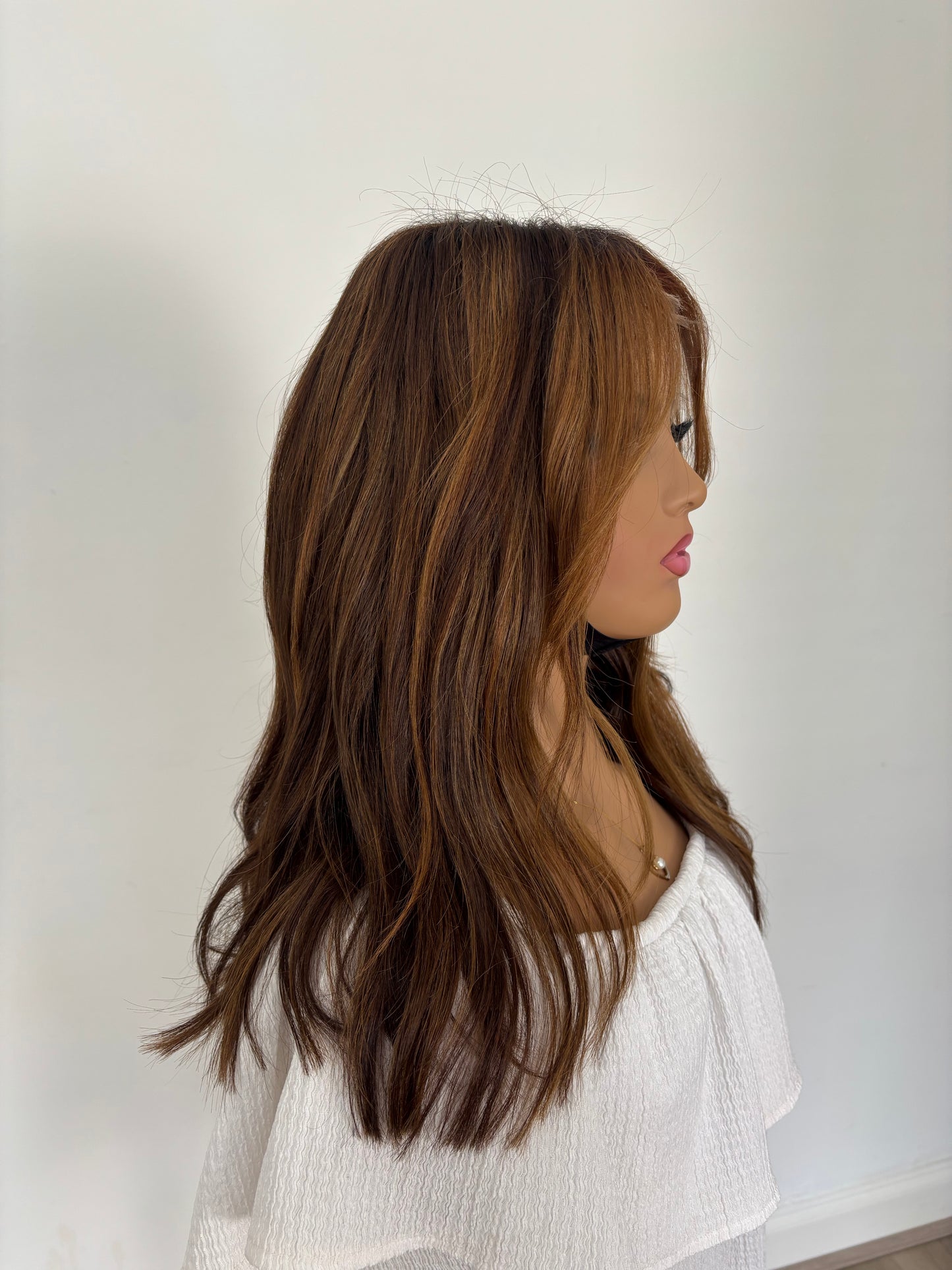 Harriet 14” Wig Medium brown & light brown  chunky highlights beginner cap