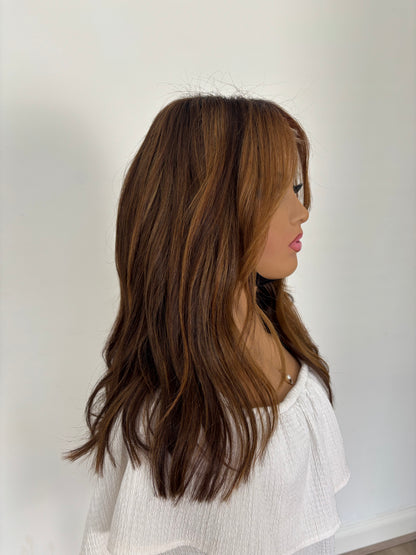 Harriet 14” Wig Medium brown & light brown  chunky highlights beginner cap