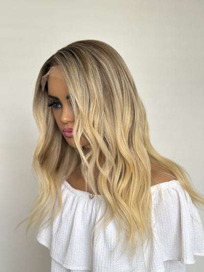 Alex 14" Wig Natural light blonde, Medium brown roots balyage beginner cap